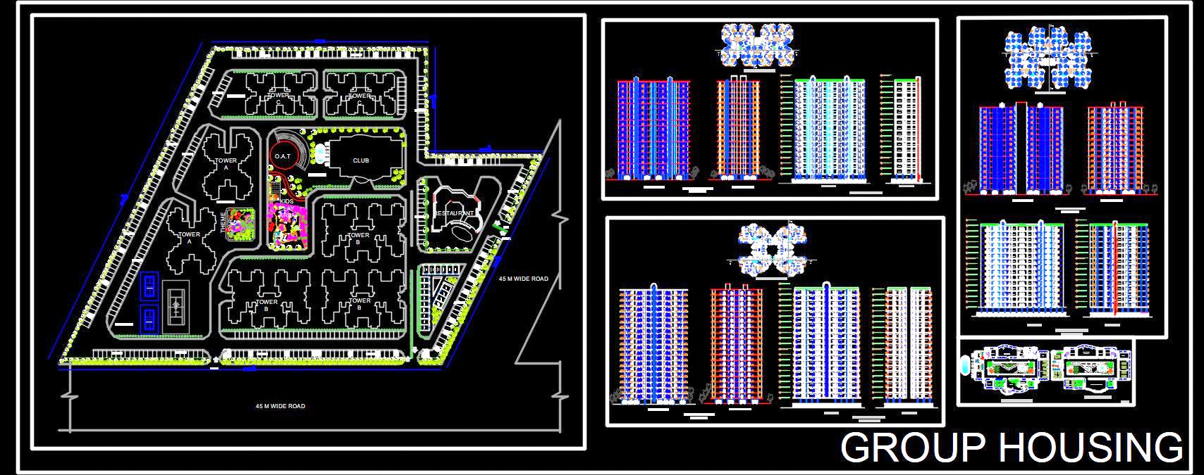 Complete Group Housing Project with 2, 3, 4 BHK Towers DWG